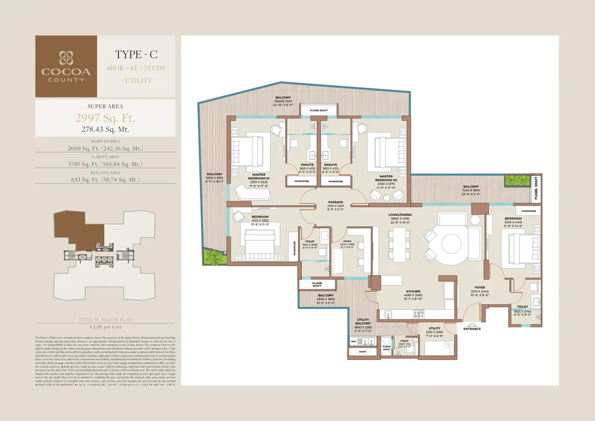 Cocoa County Type C 4 BHK floor plan – 2,997 sq ft